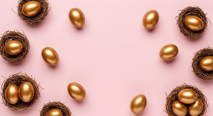 Golden eggs in nests on pink background, perfect for Easter, finance, wealth, and prosperity concepts;  a luxurious and elegant springtime image.