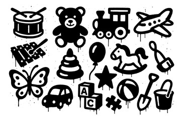 Children's toy icons in bold stencil spray paint style, Transparent Background