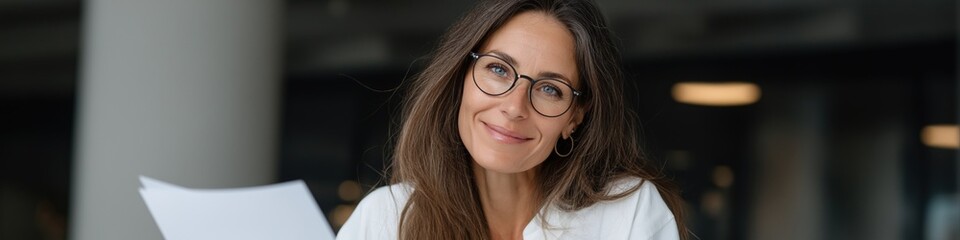 Obraz premium Smiling young caucasian female professional with glasses holding documents indoors
