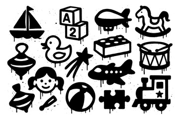 Children's toy icons in bold stencil spray paint style, Transparent Background