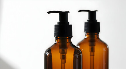Amber glass bottles with pump dispensers, perfect for lotions, shampoos, or essential oils, showcasing a clean and modern aesthetic.