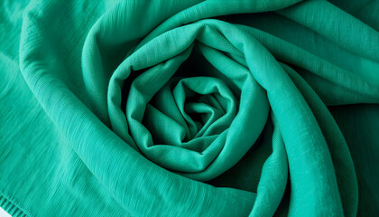 "Green Fabric Rose Pattern, Soft Textile Folds in Spiral Shape, Abstract Fabric Texture Background"