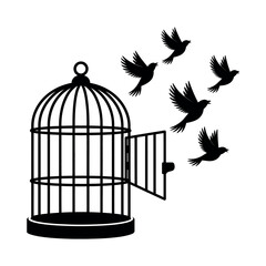 Birds flying out of an open birdcage silhouette freedom