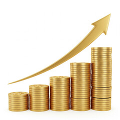 3D Illustration of Growing Gold Coin Stacks with Upward Trend Arrow.