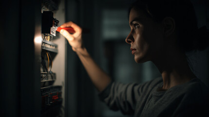 Woman in dim lighting using a tool on an electrical panel with wires and components in a dark setting