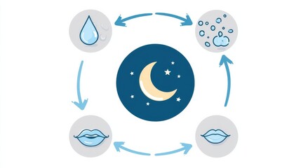 Obraz premium Medium frame on a sleepers dry mouth zone moon icon overhead arrows illustrating the pathway from nighttime dryness to salivary gland issues dehydration and apnearelated sleep