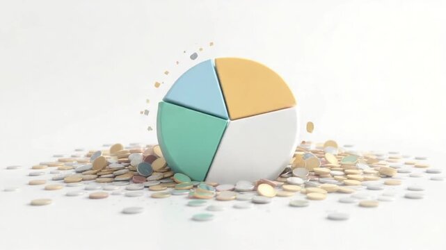 A vibrant four-part 3D pie chart, segmented in different colors, resting on a scattered pile of small, round metallic pieces, symbolizing data distribution.