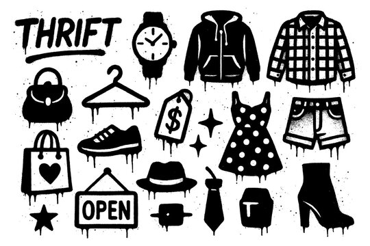Thrift Shop Icons with Grunge Spray Paint Style and Fashion Elements &ndash; Transparent Background