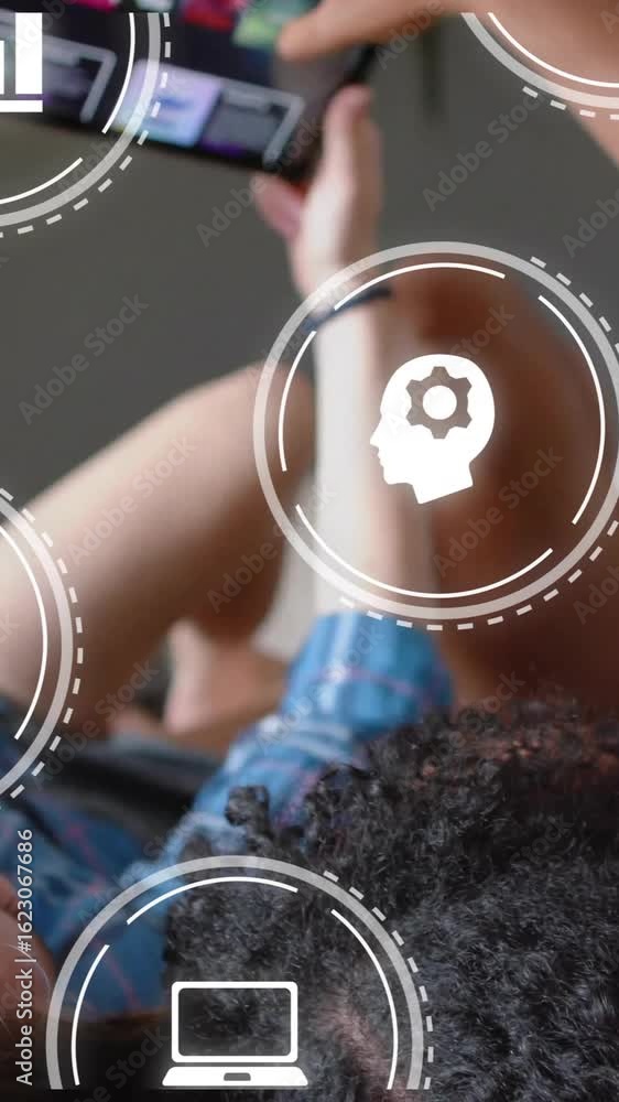 Poster animation of icons and data processing over diverse women using smartphone