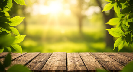Sunlight streams through lush green leaves onto a rustic wooden table, perfect for spring product displays and nature-themed advertisements.