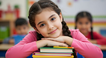 Happy schoolgirl with books, smiling cheerfully in classroom, bright future, education success, knowledge is power, learning and growing, academic achievement, childhood dreams