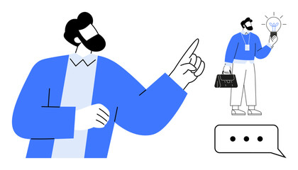 Person pointing with confidence while holding a business bag and lightbulb symbolizing an idea. Ideal for creativity, leadership, entrepreneurship, innovation, brainstorming, decision-making, simple