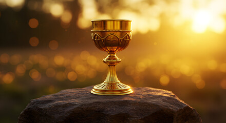 A golden chalice rests on a stone at sunset, bathed in the warm glow of the evening light, a symbol of faith and hope.
