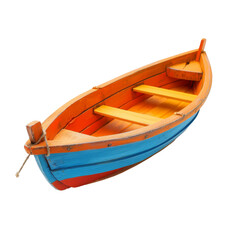 Colorful wooden rowboat, vibrant hues of orange, blue, and red.  A simple, traditional fishing boat with a wooden interior