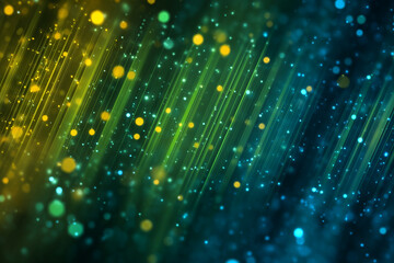 Diagonal glowing green and yellow light streaks with bokeh particles on dark blue background abstract