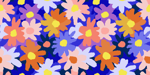Vector floral seamless pattern. Abstract colorful background with funky cutout stylized daisy flowers, bold shapes. Paper cut collage style pattern. Simple repeating design for decor, textile, print