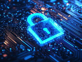A digital padlock with an orange glow is featured on a blue circuit board, representing cybersecurity and data protection.
