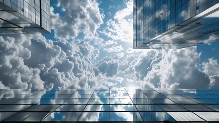 drone vertical time-lapse mirrored skyscraper, sky clouds reflecting endlessly on building surface, glass panels abstract skyscape, architecture, time clouds shadows, minimalist sci-fi aesthetic - Powered by Adobe