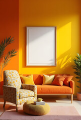 Modern Vibrant Living Room Interior with Colorful Furniture and Framed Wall Poster

