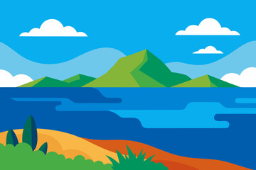 Vibrant flat design landscape with green mountains and blue water