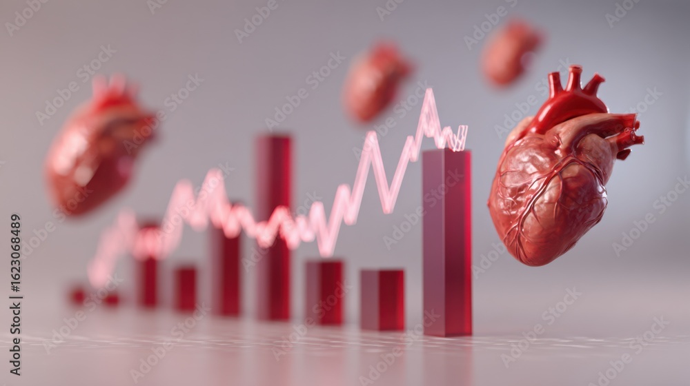 Poster medium shot with sharp clarity on decreasing heartattack mortality bars paired with gently blurred i