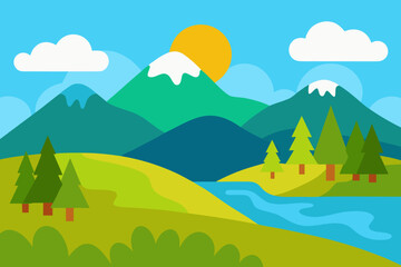 Fototapeta premium Vibrant flat design landscape with snow capped mountains and river
