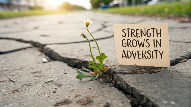 Resilient Flower Emerging from Cracked Pavement with Inspiring Message - Powered by Adobe