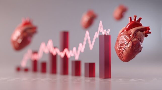 Medium shot with sharp clarity on decreasing heartattack mortality bars paired with gently blurred increasing arrhythmia and heartfailure icons showcasing dynamic changes in