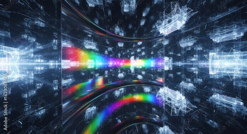 Poster experience a quantum leap with this dynamic network background featuring vibrant rainbow light strea