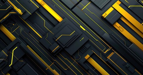 Abstract digital design featuring geometric shapes in black and yellow tones.