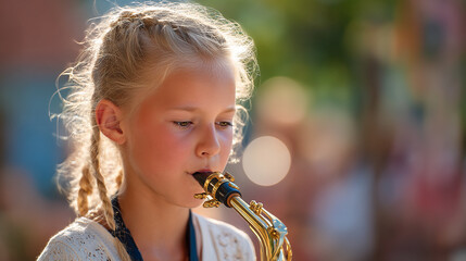 A young girl with blonde braided hair playing a golden saxophone in a blurred outdoor setting light