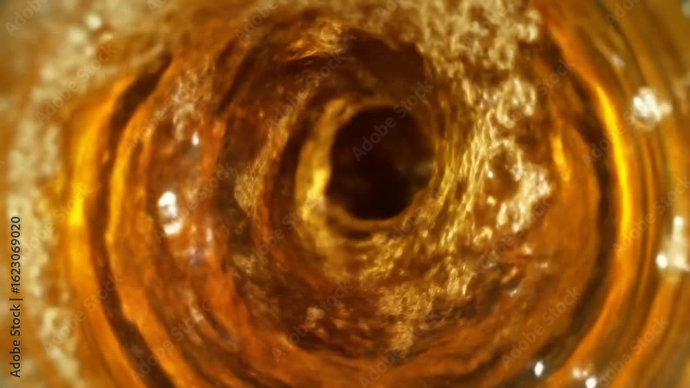 Poster golden amber liquid forming a swirling vortex pattern showing dynamic fluid motion and textural deta