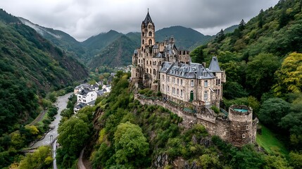 Obraz premium Medieval Castle on Cliffside with Germany, Valley View, and Historical Architecture.
