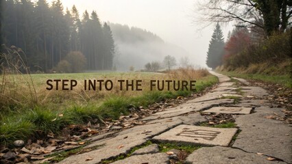 Scenic Pathway Through Misty Forest with Inspirational Text Design
