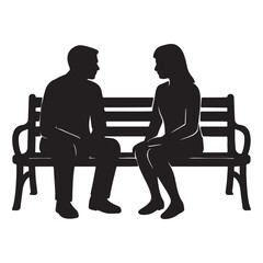 Silhouette of Man and Woman Talking on Park Bench – Communication and Relationship Concept


