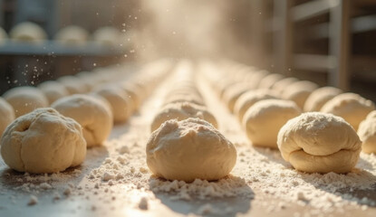 Fototapeta premium Close-up of dough balls on a floured surface, bathed in natural light. The scene captures a calm moment of bread preparation in an artisanal baking process