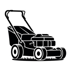 Black silhouette of a modern lawnmower on grass gardening yard work