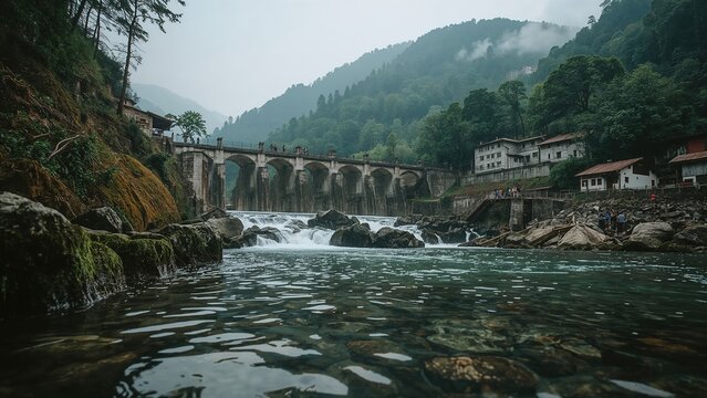 Scenic Bridge Over Rushing River with Lush Green Mountains and Buildings