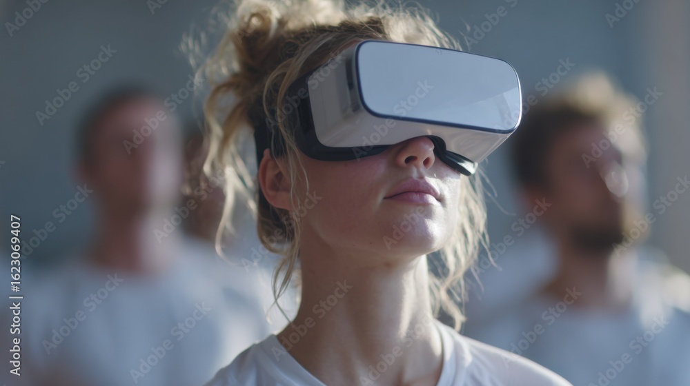 Poster vr medium shot capturing an individual demonstrating breathing exercises in a virtual space sharply 