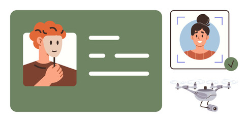 ID card verification with facial recognition, approved profile scan, and monitoring drone. Ideal for security, identity authentication, biometrics, privacy, surveillance access control. Simple flat