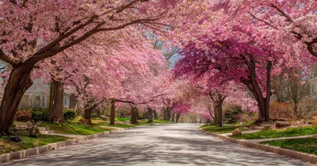 Pink cherry blossoms line a suburban street
