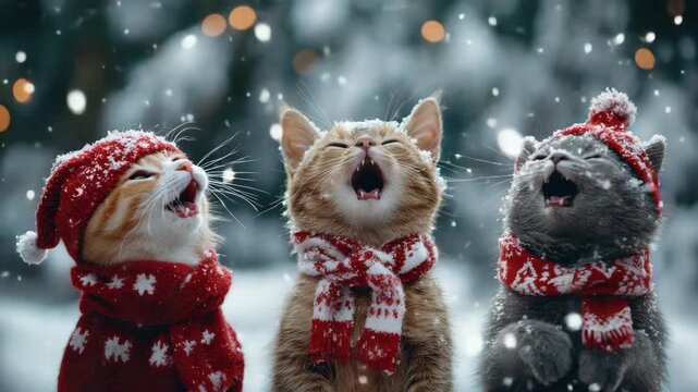 Adorable cats enjoying winter festivities with holiday scarves