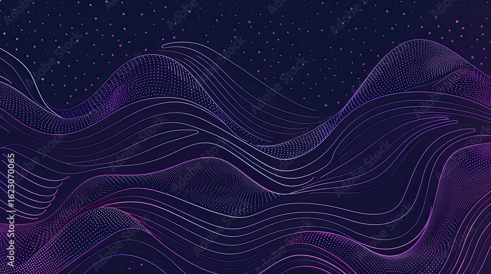 Poster abstract waves in dark tones with flowing lines and starry background.
