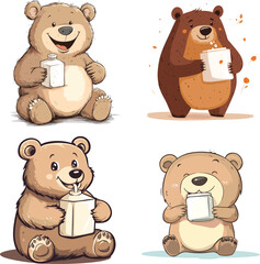 The happy bear is drinking a milk from the drinking box vector style on white background
