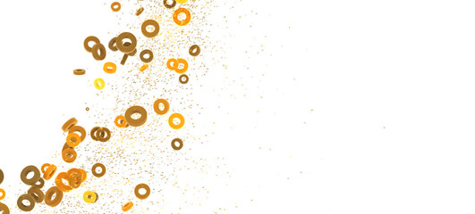 Abstract background with gold and orange rings and confetti. Perfect for celebratory designs.