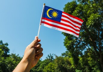 Hand Holding Malaysian Flag Outdoors – National Pride in Nature Setting
