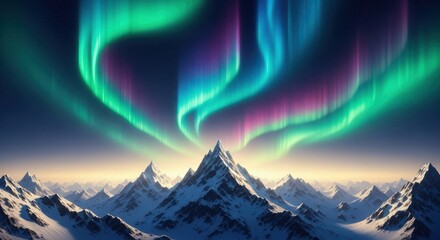 Experience the ethereal beauty of aurora borealis dancing over snowy mountain peaks in serene arctic landscape