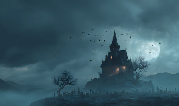 3D illustration of a Halloween concept background of a castle and graveyard. Horror background In stormy weather, an old American-style Horror house