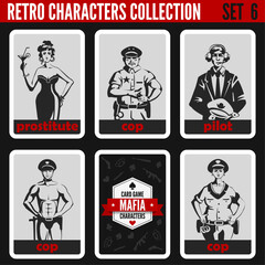 Retro character illustration collection with vintage style people, classic cars, food posters, travel themes, and nostalgic advertising art for design, print, and digital use
