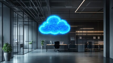 Modern office interior with glowing cloud computing symbol on wall.